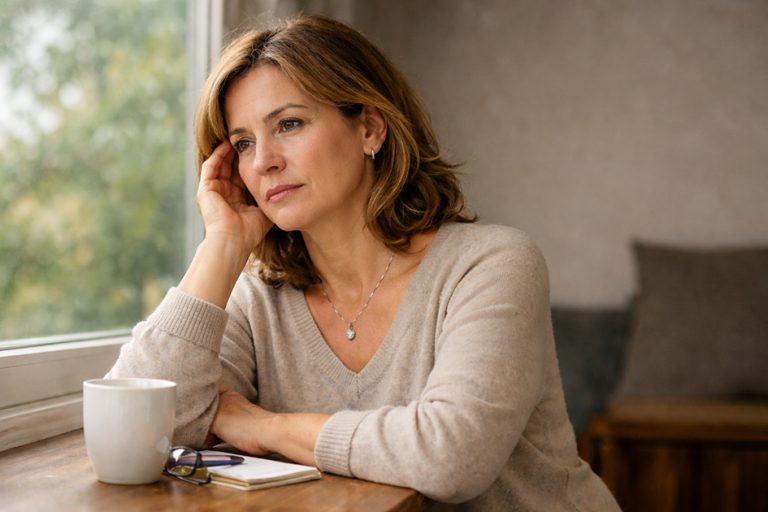 Mujer de 45 años reflexionando sobre cambios en ánimo y sueño durante la transición menopáusica