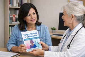 Mujer de 50 años informándose sobre terapia hormonal en menopausia basada en evidencia científica