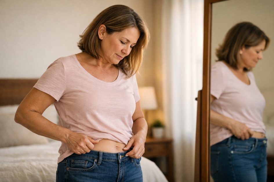 Aumento de peso después de los 40 y hormonas | Consulta Menopausia Mujer de 40 años frente al espejo con expresión serena y reflexiva