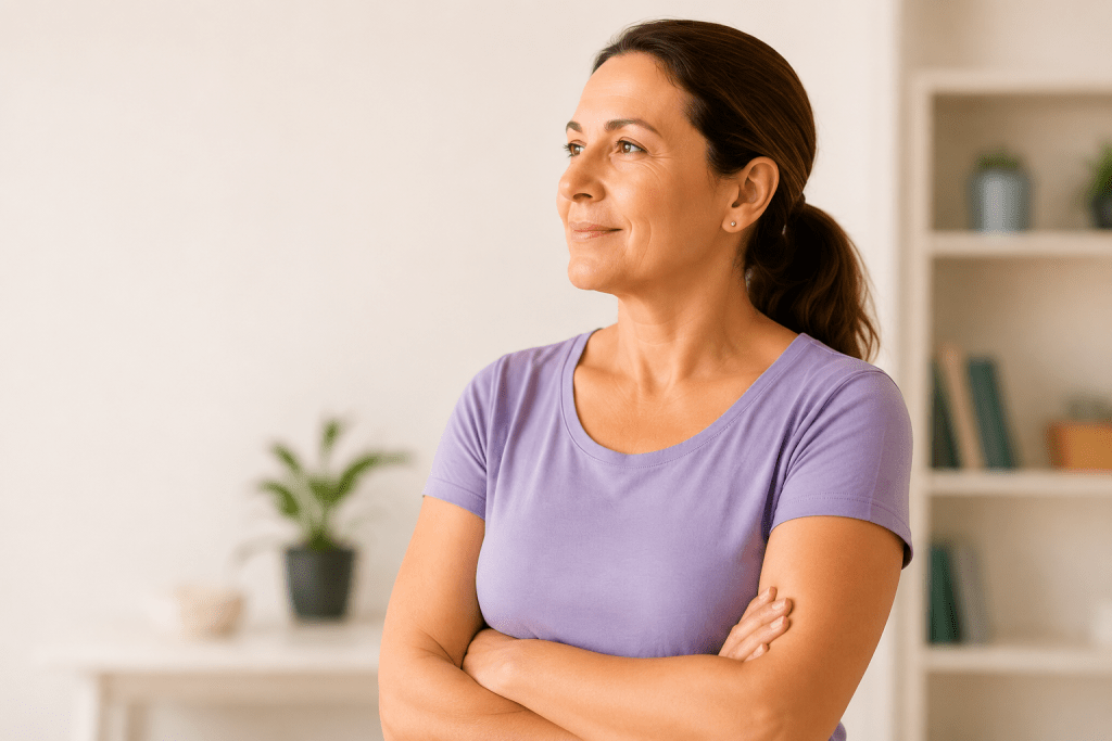 Woman with brown hair tied back, arms crossed, looking thoughtfully to the right in a cozy indoor setting.