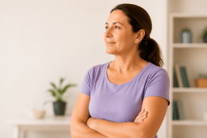 Woman with brown hair tied back, arms crossed, looking thoughtfully to the right in a cozy indoor setting.