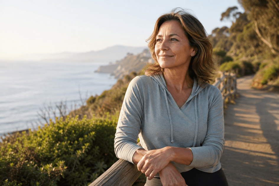 Woman leaning on a wooden railing along a coastal path, gazing toward the distance at golden hour light on the sea.