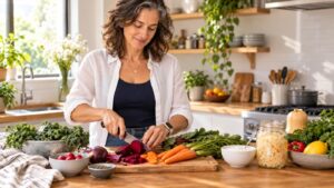 Mujer de mediana edad preparando verduras frescas y fermentados en su cocina