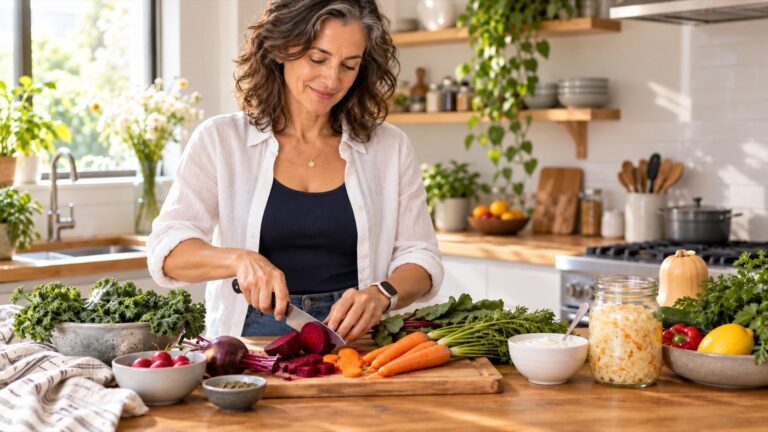 Mujer de mediana edad preparando verduras frescas y fermentados en su cocina