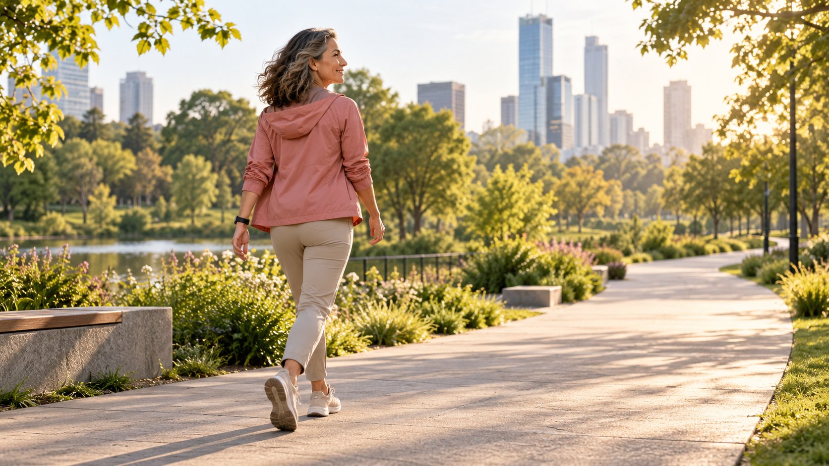 Mujer caminando por un parque con luz de día — longevidad y salud en la menopausia