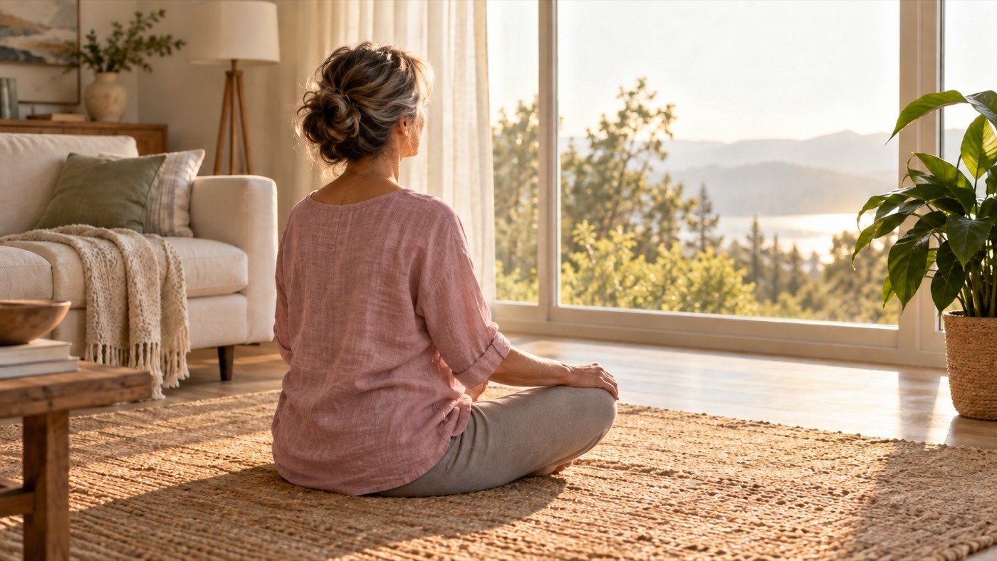 Mujer meditando de espaldas frente a una ventana con luz de mañana — mindfulness para la niebla mental