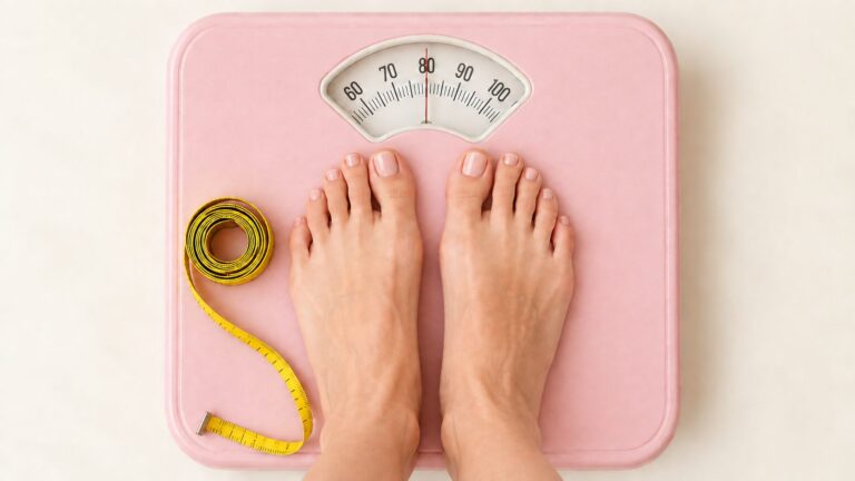 Mujer sobre una balanza en tonos rosados, vista de los pies — aumento de peso en la menopausia