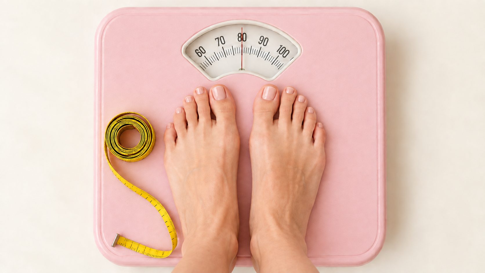 Mujer sobre una balanza en tonos rosados, vista de los pies — aumento de peso en la menopausia
