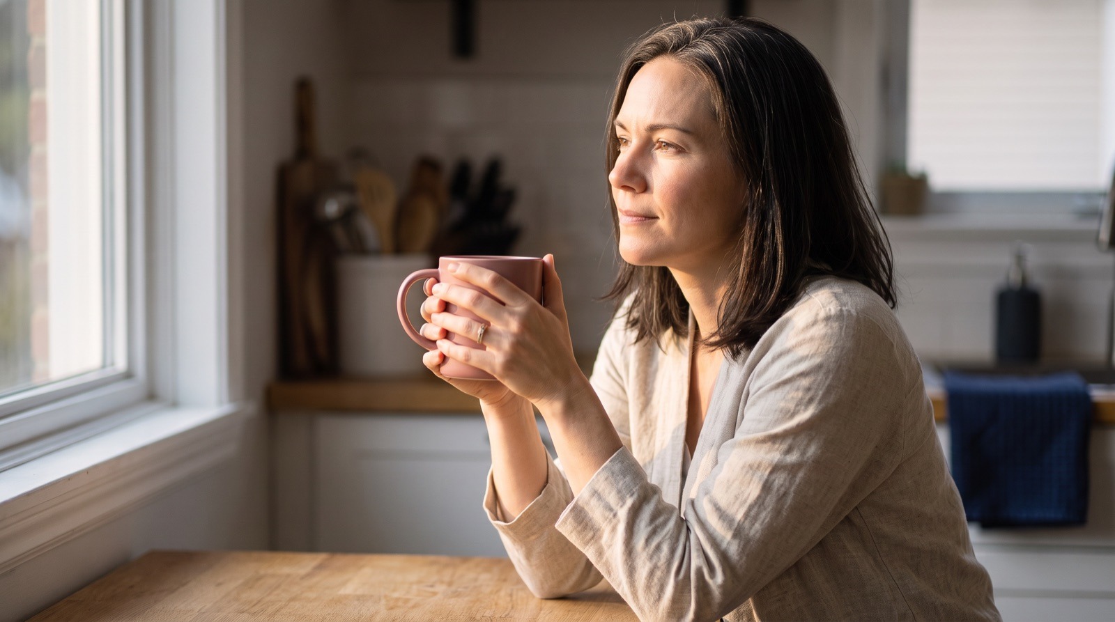 Cortisol alto en la menopausia — taza en la mañana | Menopausia Online | Mujer 40+ Mujer junto a la ventana sosteniendo una taza en la mañana — una pausa para regular el cortisol alto en la menopausia