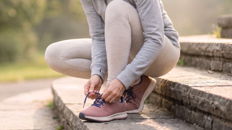 Manos de mujer atándose las zapatillas antes de salir a caminar — el movimiento ayuda a regular el cortisol