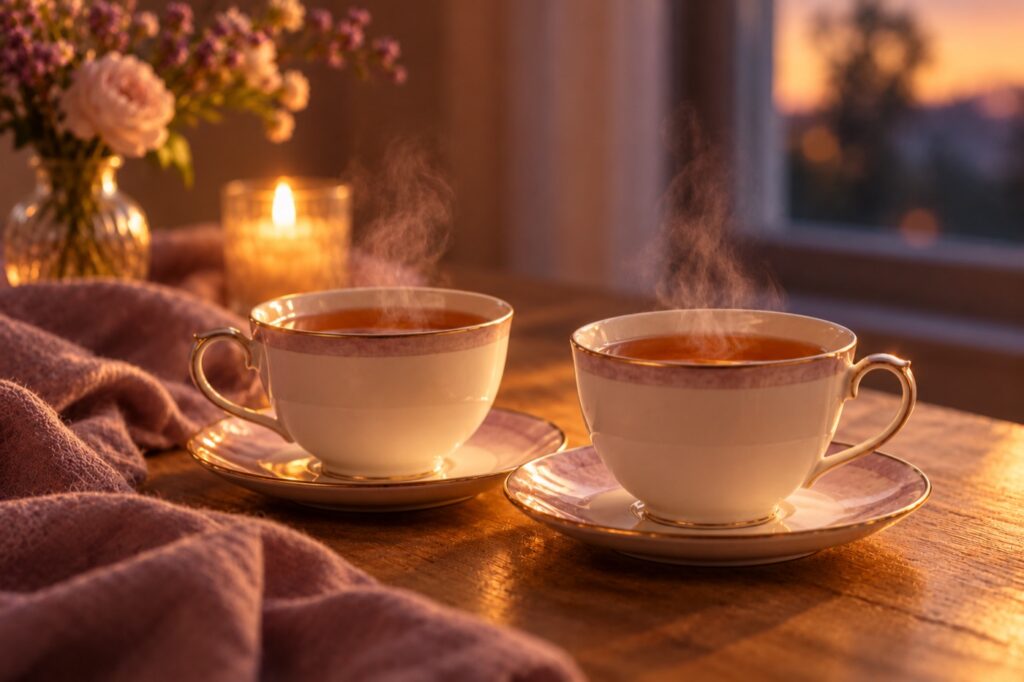 Dos tazas de porcelana con té sobre una mesa, iluminadas por una vela al atardecer