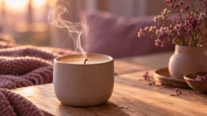 Vela recién apagada con una voluta de humo sobre una mesa de madera, en un ambiente cálido con tonos malva