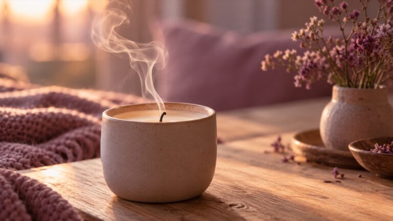 Vela recién apagada con una voluta de humo sobre una mesa de madera, en un ambiente cálido con tonos malva
