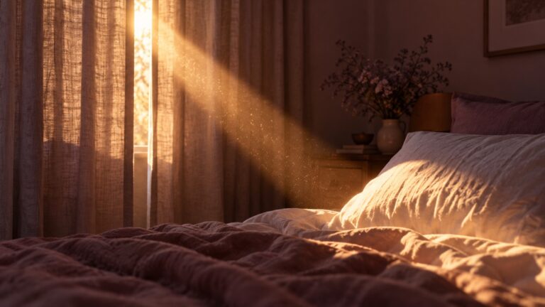 Haz de luz dorada que entra por la rendija de una cortina y cae sobre una almohada en una pieza en penumbra