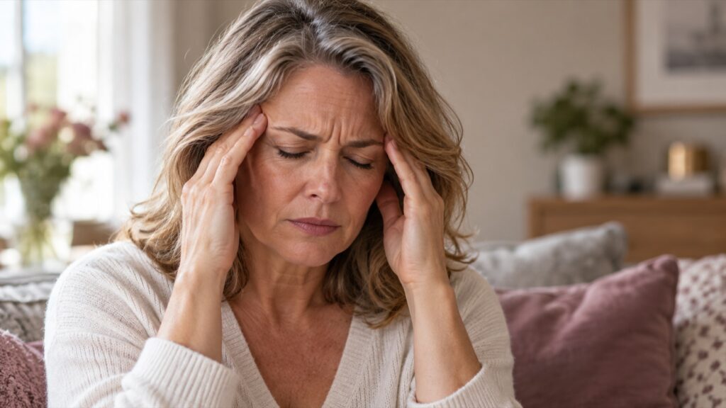 Mujer de unos 50 años con los ojos cerrados y las manos en las sienes por un dolor de cabeza, en el living de su casa