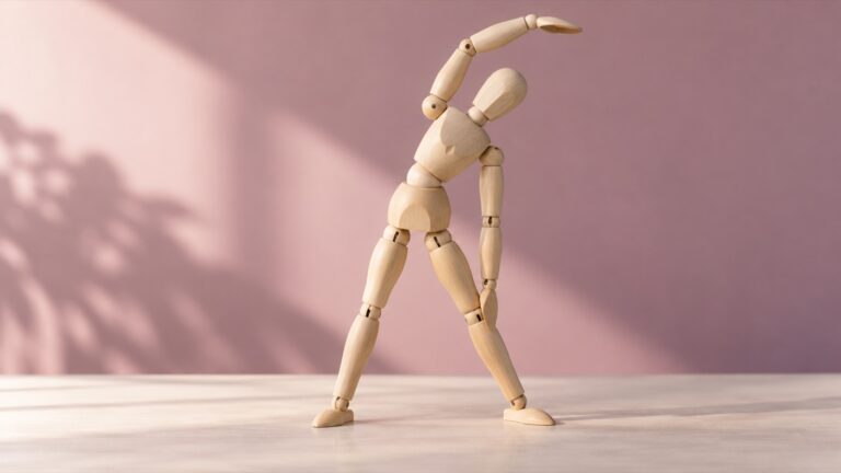 Maniquí de madera articulado en una postura de estiramiento sobre un fondo rosa y malva