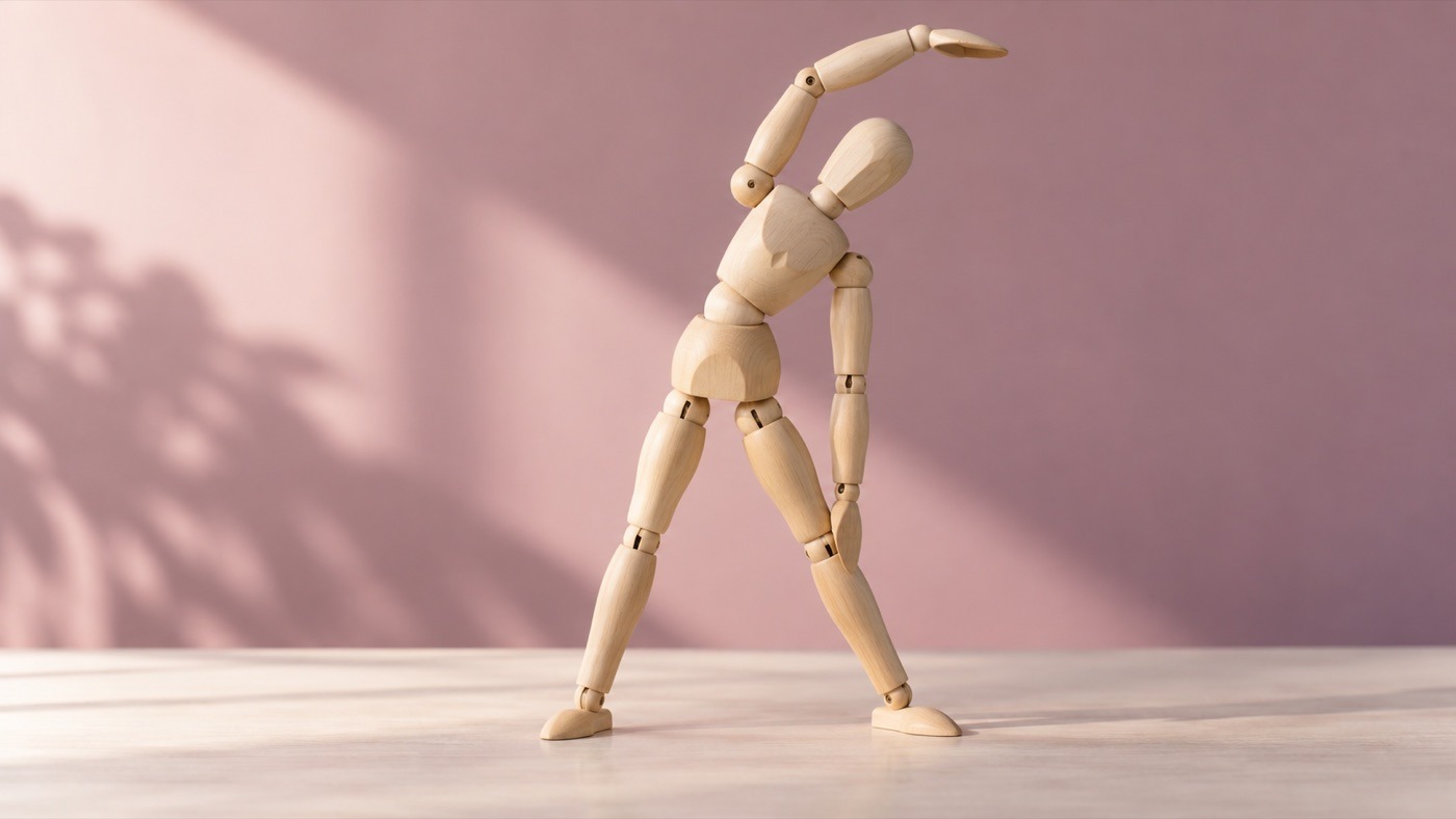 Dolores articulares en la menopausia: maniquí de madera en una postura de estiramiento | Menopausia Online | Mujer 40+ Maniquí de madera articulado en una postura de estiramiento sobre un fondo rosa y malva