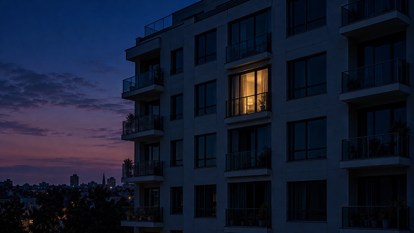 Insomnio en la menopausia: edificio de noche con una sola ventana encendida | Menopausia Online | Mujer 40+ Edificio de departamentos de madrugada con todas las ventanas a oscuras salvo una, encendida
